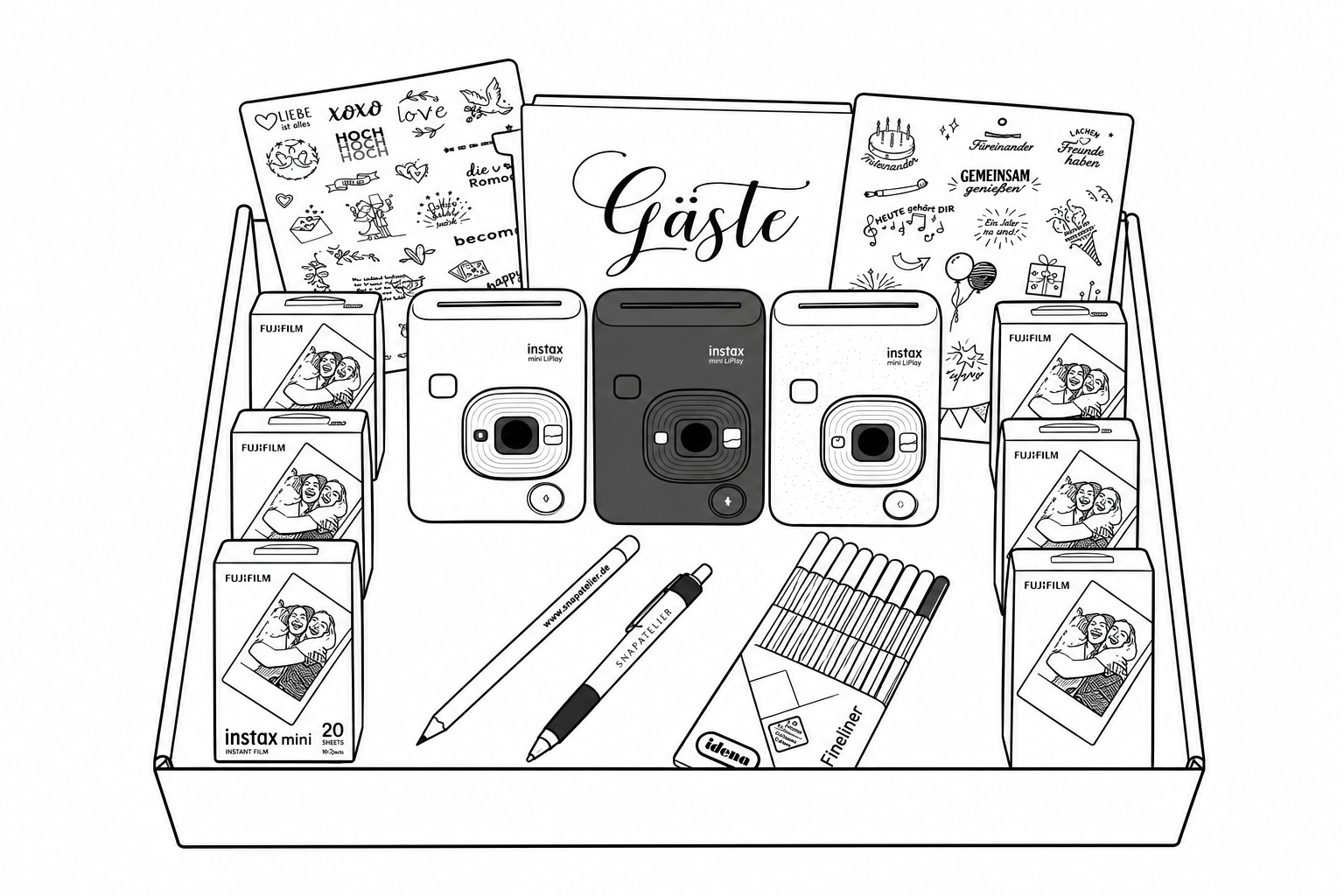 Atelier Experience Set mit zwei Instax Kameras, Sofortbildern und Premiumgästebuch